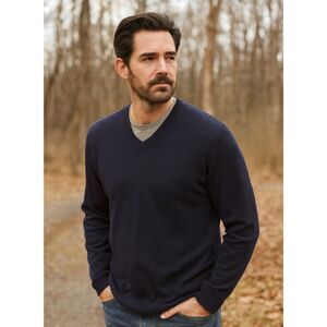Eddie Bauer Cotton Merino Wool Blend V-Neck Sweater Mens Sz 2XL Navy Classic